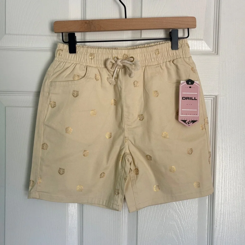 NEW Drill Clothing Co Shorts Sz S Cream Gold Tiger Crown‎ Metallic Detail